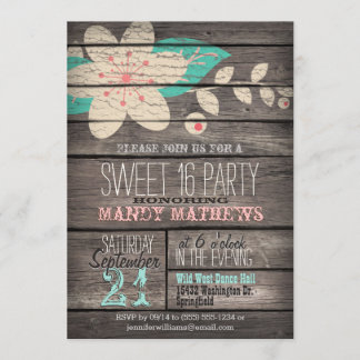 Rosa & turkos; Rustic Wood Sweet 16 Party Inbjudningar
