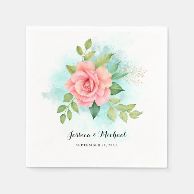 Rosa Turkvoise Ombre Blommigt Bouquet Ro Bröllop Pappersservett (Framsidan)