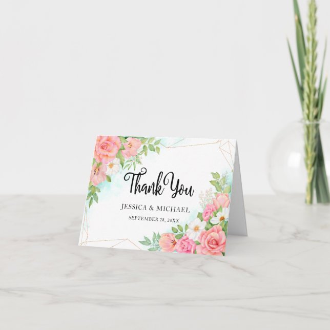 Rosa Turkvoise Ombre Blommigt Bouquet Ro Bröllop Tack Kort (Framsida)