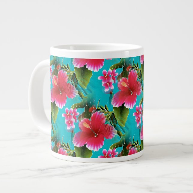 Rosa Turquise Hawaiian Hibiscus Flowers Mönster Jumbo Mugg (Framsida vänster)