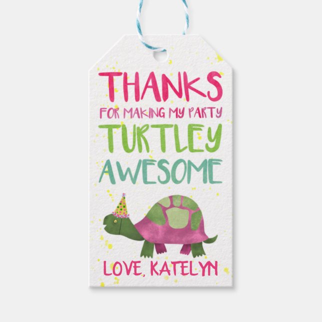 Rosa Turtle Party-favoritMärkre för flickor Presentetikett (Framsidan)