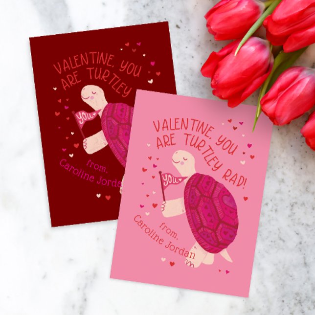 Rosa Turtle-y Rad School Classroom Kid Valentine Anteckningskort (Rad Turtle themed classroom valentine cards in pink or red)