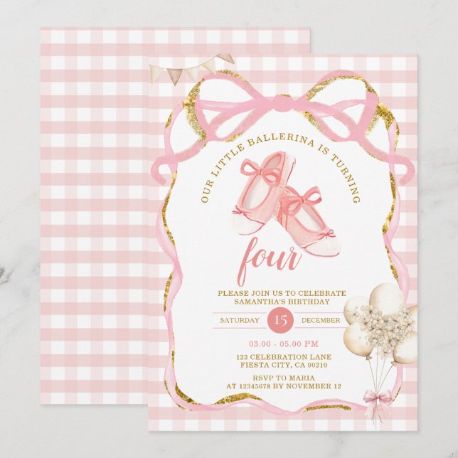 Rosa Tutu Ballerina Gingham Birthday Inbjudningar (Fram/baksida)