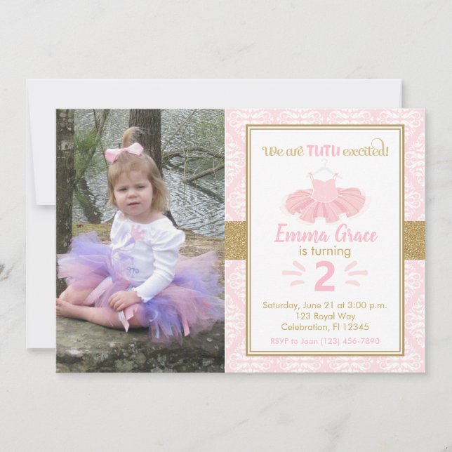 Rosa Tutu Ballerina Girl Photo Birthday-inbjudan Inbjudningar (Framsida)