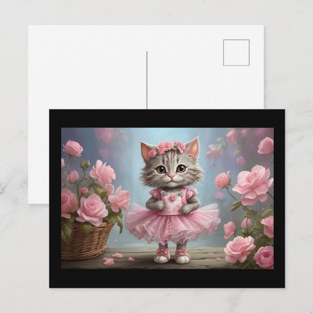 Rosa Tutu Ballerina Kitten Vykort (Fram/baksida)