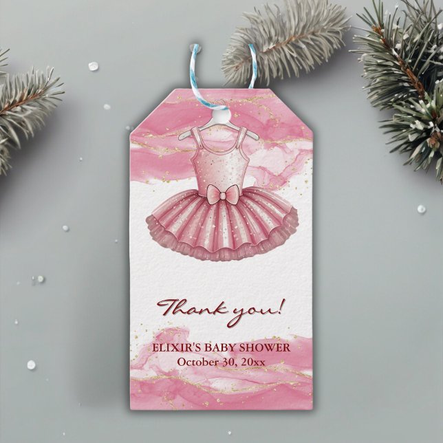 Rosa Tutu Guld Glitter Baby Shower Presentetikett (Skapare uppladdad)