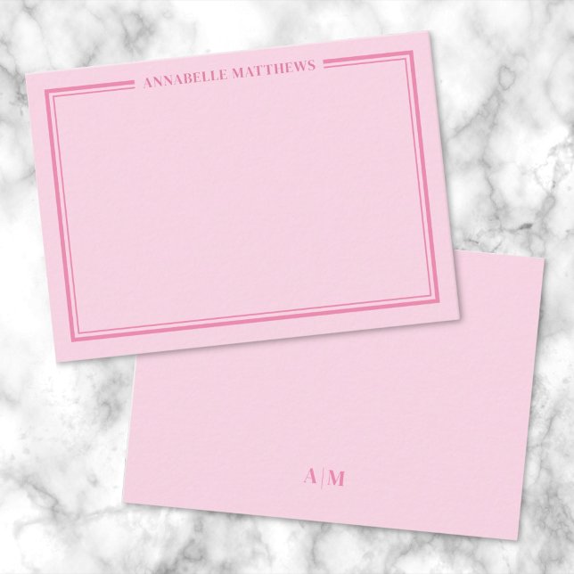 Rosa Två Kant Minimalistiskt Namn Monogram Anteckningskort (Pink Two Border Minimalist Name Monogram Note Card)