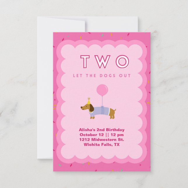 Rosa två: Låt Hundar gå ut på andra födelsedagarin Inbjudningar (Framsida)