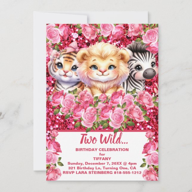 Rosa Två Vilder 2 års Födelsedagsfest för gammal f Inbjudningar (Framsida)