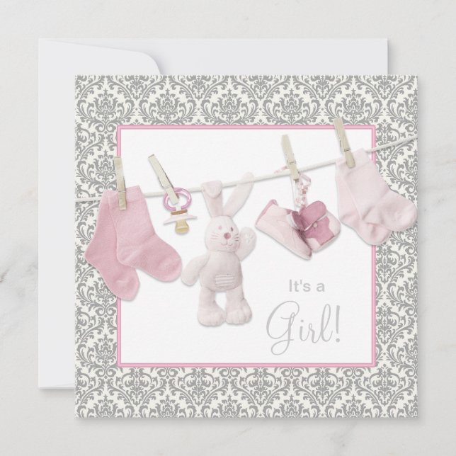 Rosa tvättlinje baby shower inbjudningar (Framsida)