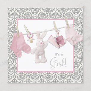 Rosa tvättlinje baby shower inbjudningar