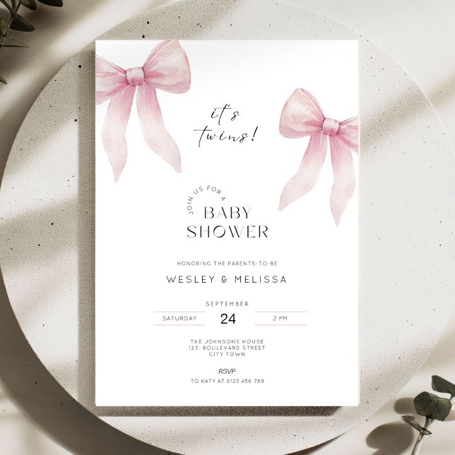 Rosa tvillingar baby shower inbjudan flickor (Pink Bow Twins Baby Shower Invitation for Girls)