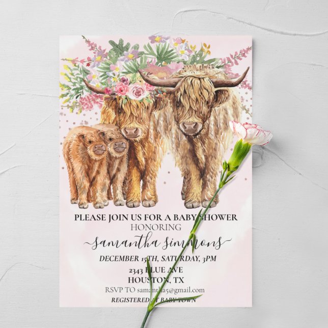 Rosa Twillingar Mamma Highland Cow Calf Baby Showe Inbjudningar (Skapare uppladdad)