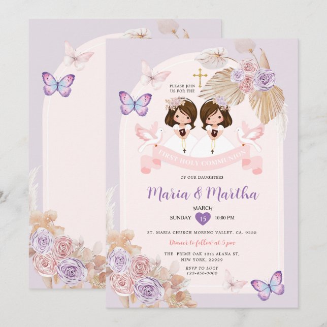 Rosa TWIN Girl First Heliga Communion Lila Blommig Inbjudningar (Fram/baksida)