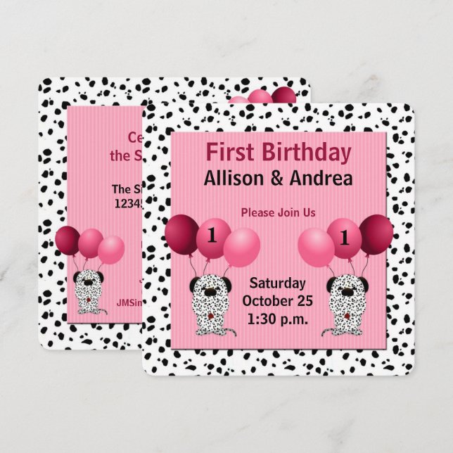 Rosa Twin Girls 1st Birthday Party Dalmatien Inbjudningar (Fram/baksida)