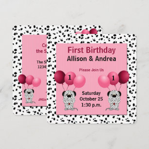 Rosa Twin Girls 1st Birthday Party Dalmatien Inbjudningar