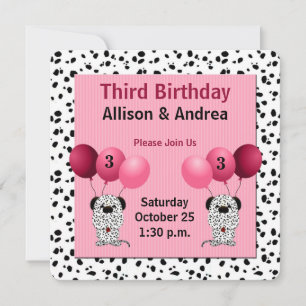 Rosa Twin Girls 3rd Birthday Party Dalmatien Inbjudningar