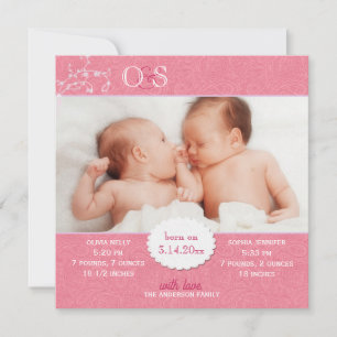 Rosa Twin Girls Photo Birth Notice Meddelande