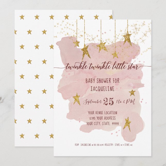 Rosa Twinkle Little Star Guld Girl Baby Shower Inbjudningar (Fram/baksida)