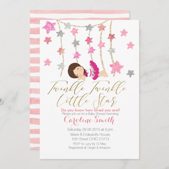 Rosa Twinkle Stars Girl Baby Shower-inbjudan Inbjudningar (Fram/baksida)