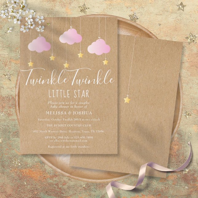 Rosa Twinkle Twinkle Baby Shower Rustic Kraft Inbjudningar (Pink Twinkle Twinkle Baby Shower Rustic Kraft Invitation)