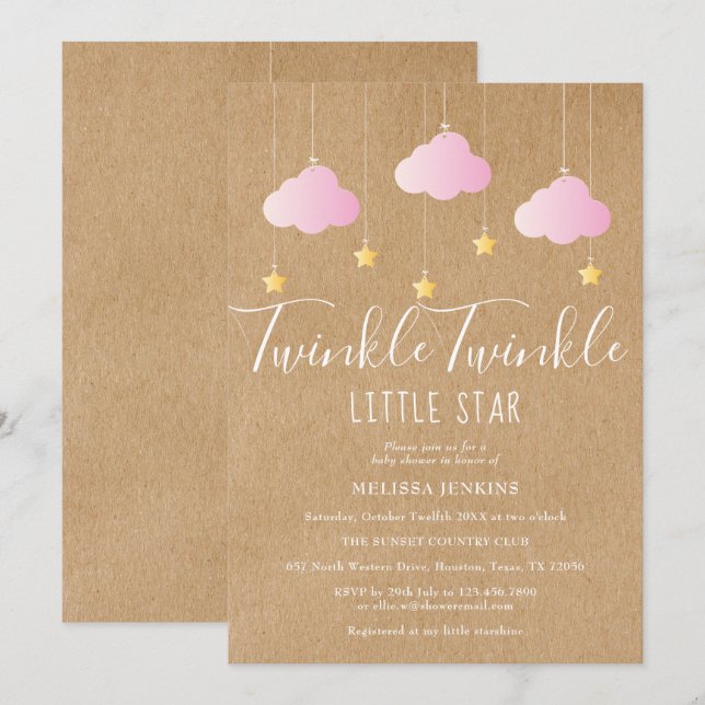 Rosa Twinkle Twinkle Baby Shower Rustik Kraft Inbjudningar (Fram/baksida)
