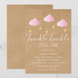 Rosa Twinkle Twinkle Baby Shower Rustik Kraft Inbjudningar