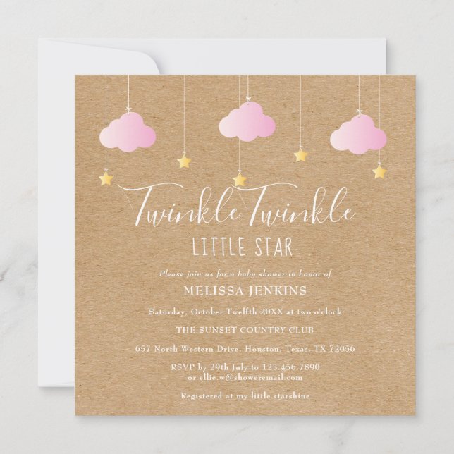 Rosa Twinkle Twinkle Little Star Baby Shower Boho Inbjudningar (Framsida)