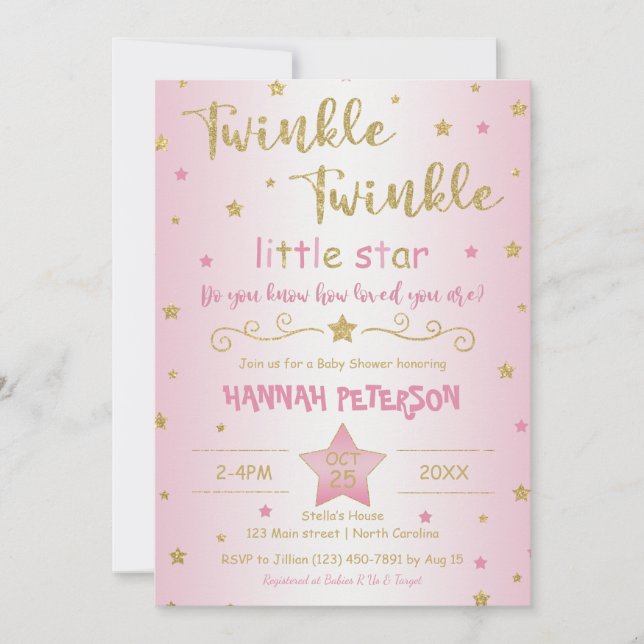  Rosa Twinkle Twinkle Little Star Baby Shower Inbjudningar (Framsida)