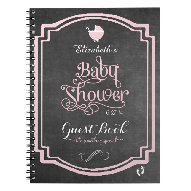 Rosa Typografi Girls Baby Shower Guestbook Anteckningsbok Med Spiral (Framsidan)