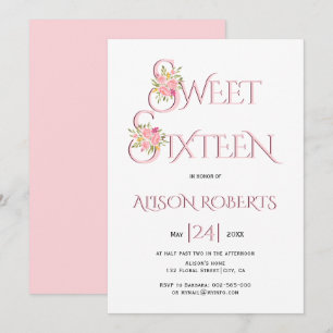 rosa, typografi, rosa ros sweet sixteen inbjudningar