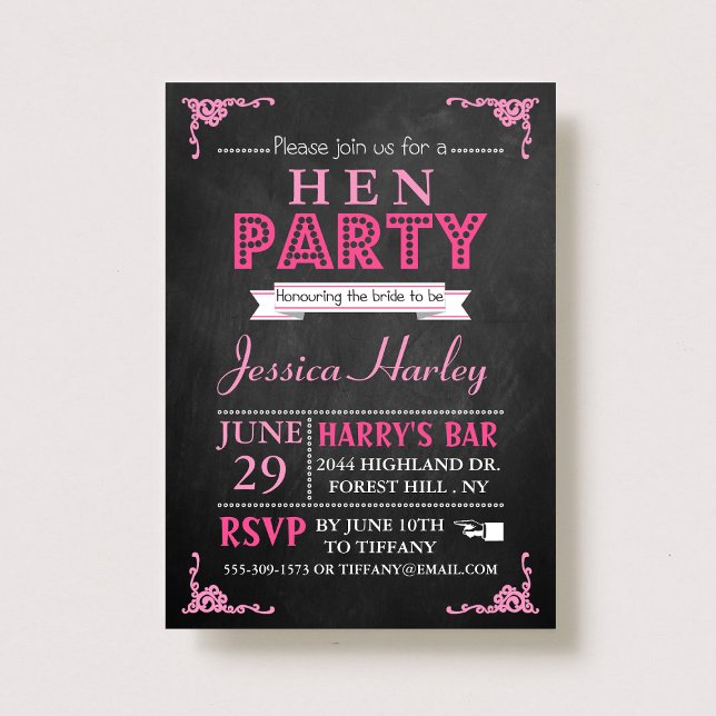 Rosa Typography Chalkboard Hen Party Inbjudningar (Skapare uppladdad)