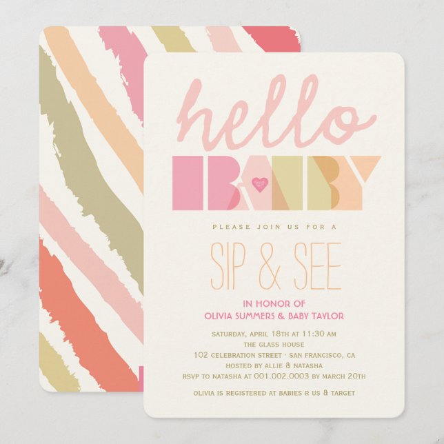 Rosa Typography Girl Sip & See Hej Baby Shower Inbjudningar (Fram/baksida)
