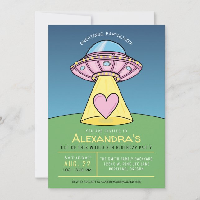 Rosa UFO Alien Födelsedagsfest inbjudan (Framsida)