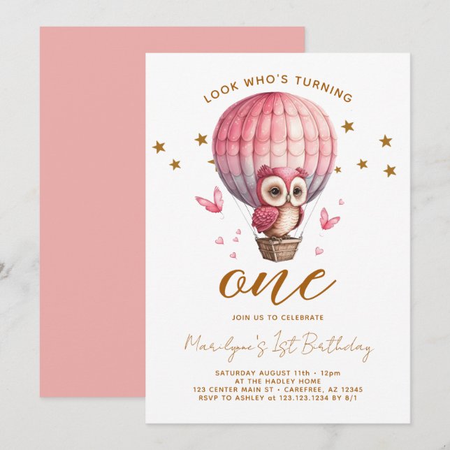 Rosa Uggla 1:a födelsedag Inbjudningar (Fram/baksida)