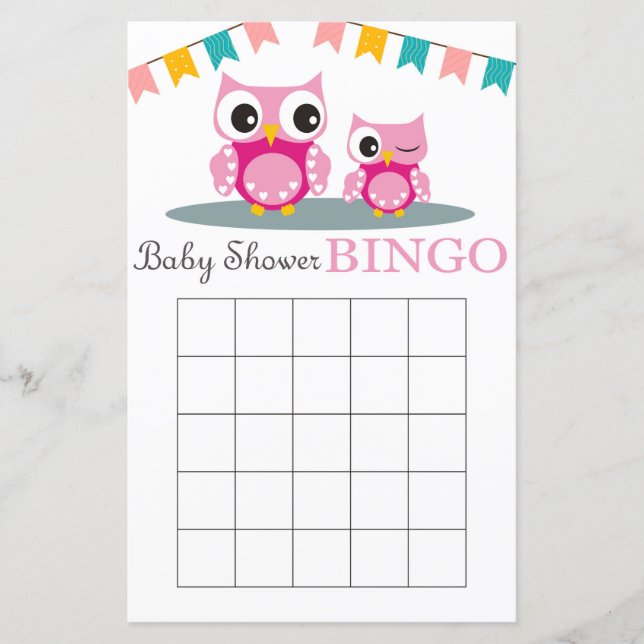 Rosa uggla baby shower bingo kort (Framsida)