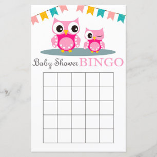 Rosa uggla baby shower bingo kort