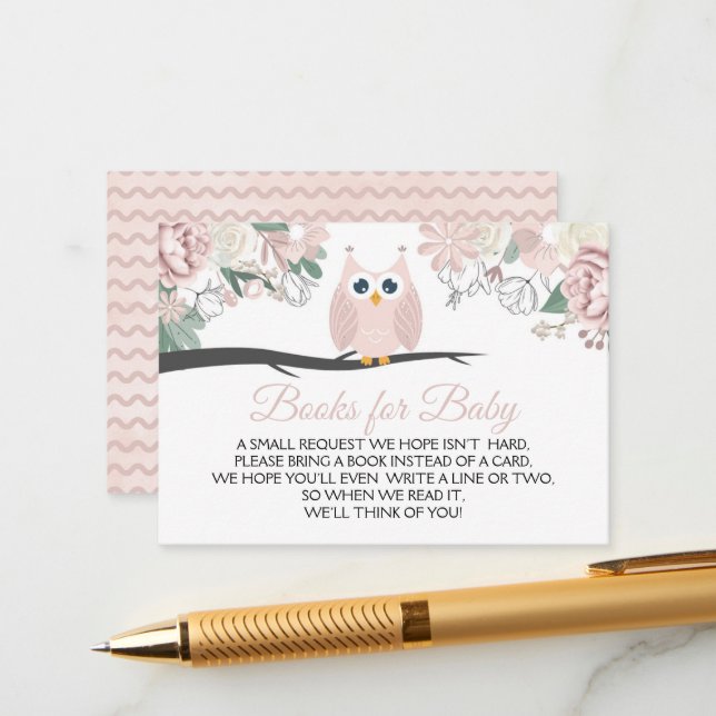 Rosa Uggla Blommigt Baby Shower Bokar för Baby Tilläggskort (Fram/Back In Situ)