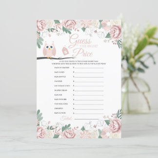 Rosa Uggla Blommigt Baby Shower Prist spelkort Inbjudningar