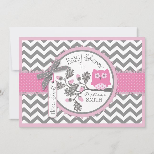 Rosa Uggla Chevron Print Baby Shower Inbjudningar (Framsida)