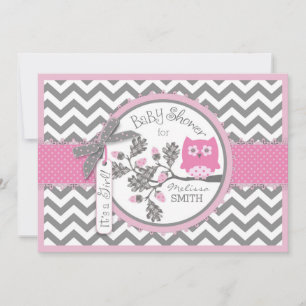 Rosa Uggla Chevron Print Baby Shower Inbjudningar