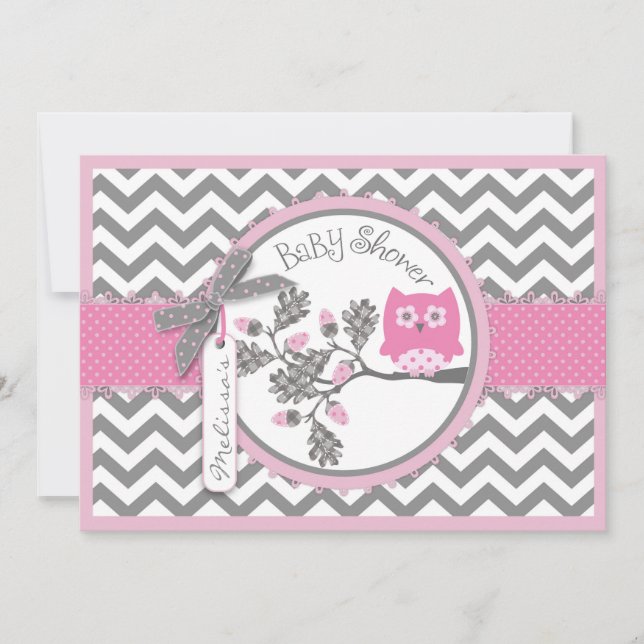 Rosa Uggla Chevron Print Baby Shower Inbjudningar (Framsida)