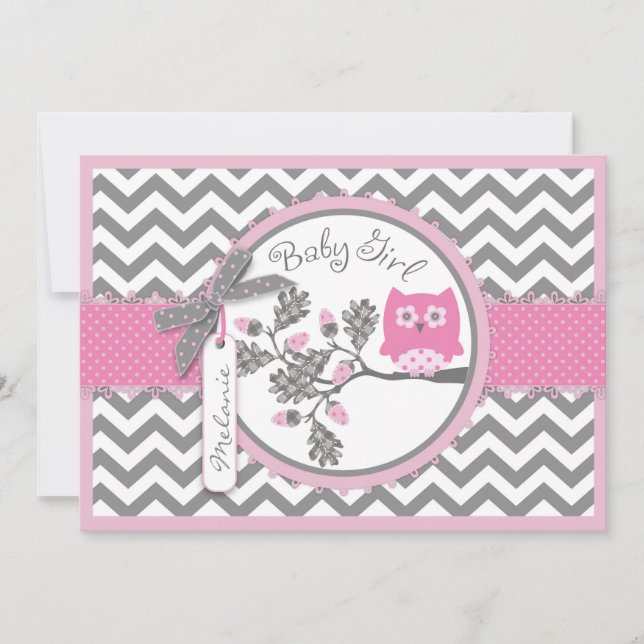Rosa Uggla Chevron Print Baby Shower Inbjudningar (Framsida)