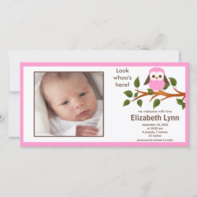 Rosa Uggla Flicka Birth Annouement Meddelande (Framsida)