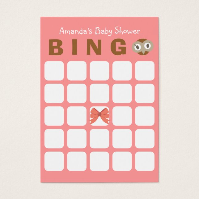 Rosa Uggla Girl 5x5 Baby Shower Bingo Card Visitkort (Framsidan)