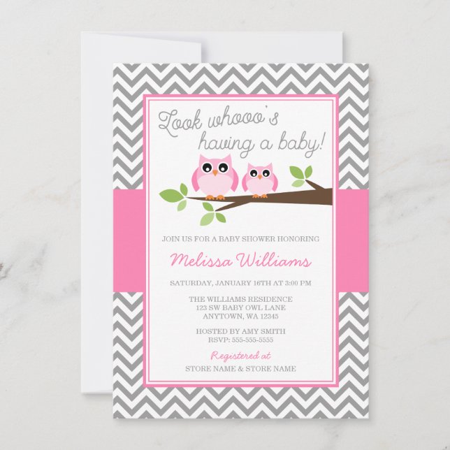 Rosa Uggla Grått Chevron Girl Baby Shower Inbjudningar (Framsida)