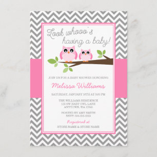 Rosa Uggla Grått Chevron Girl Baby Shower Inbjudningar