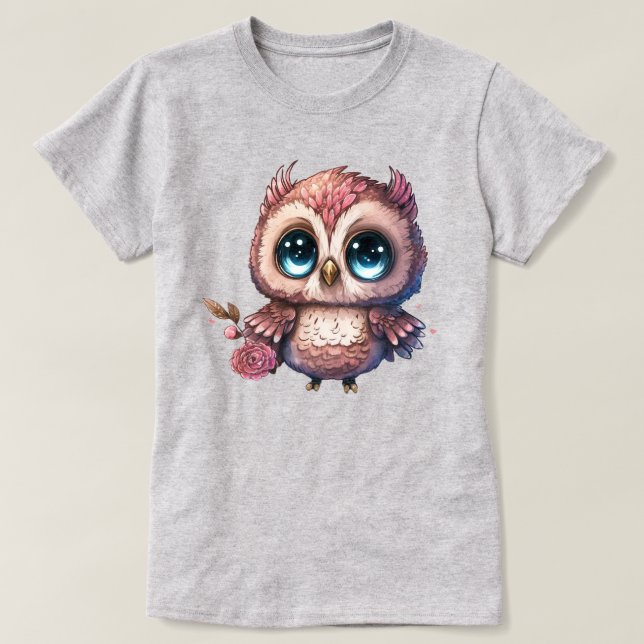 Rosa uggla med blomillustration  t shirt (Design framsida)