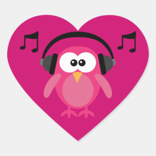 Rosa Uggla med hörlurar och Musik noter Hjärtformat Klistermärke