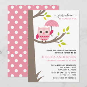 Rosa Uggla med paraply Baby Shower Inbjudningar